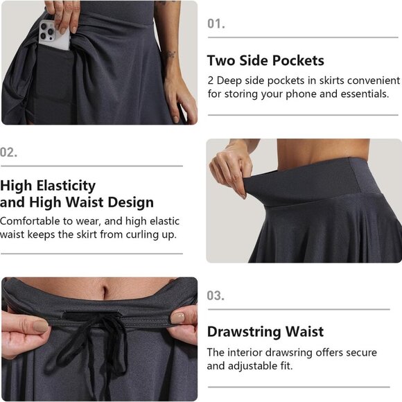 Grey High-Waisted Women's Tennis Skirt with Built-In Shorts and Drawstring Closu - Picture 4 of 6